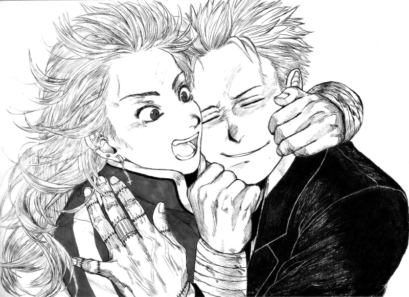 anime boys, anime girls, scars, short hair, Shin (Dorohedoro), simple background, long hair, smiling, 720P, 2D, manga sketch, Noi (Dorohedoro), open mouth