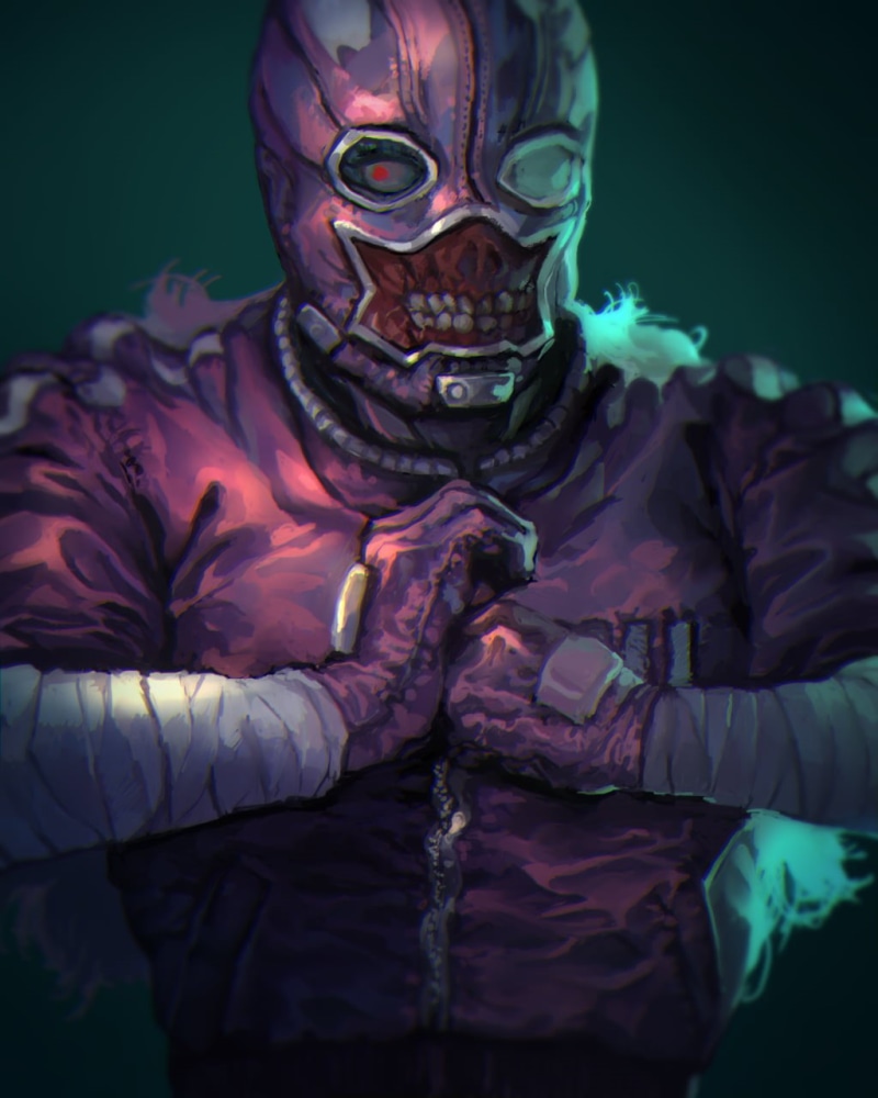 mask, 720P, red eyes, Noi (Dorohedoro), fan art, Dorohedoro, grey hair, bandage, 2D, looking at viewer, long hair, anime girls