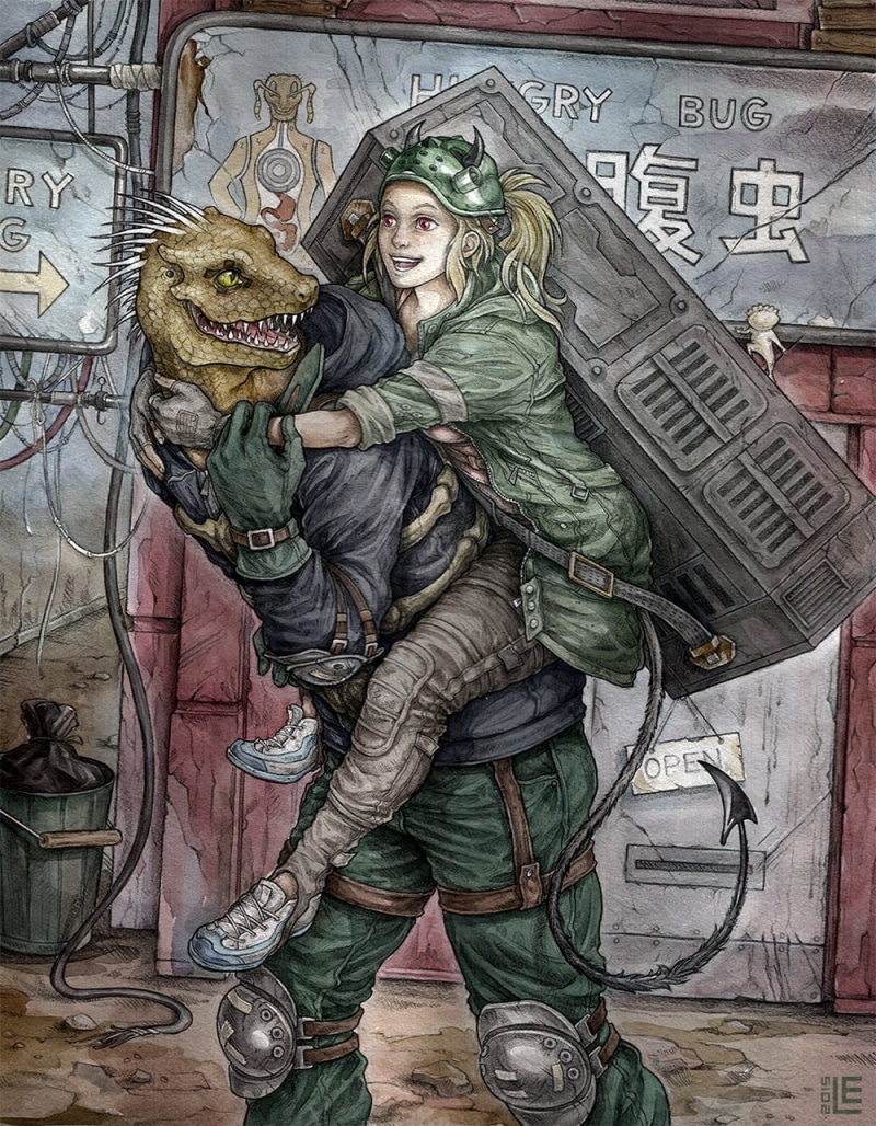 720P, 2D, demon horns, mask, red eyes, Dorohedoro, Nikaido (Dorohedoro), Kaiman (Dorohedoro), demon tail, riding on back, anime boys, hugging, Lizardmen