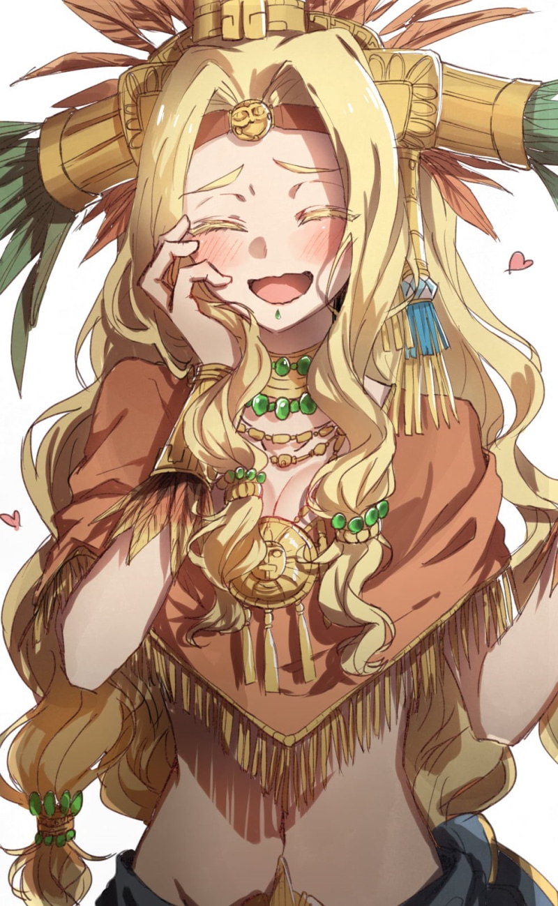 blond hair, vertical, fantasy girl, long hair, Quetzalcoatl (FGO), blushing, open mouth, simple background, Aztec, cleavage, Fate Series, anime, 2D, FGO