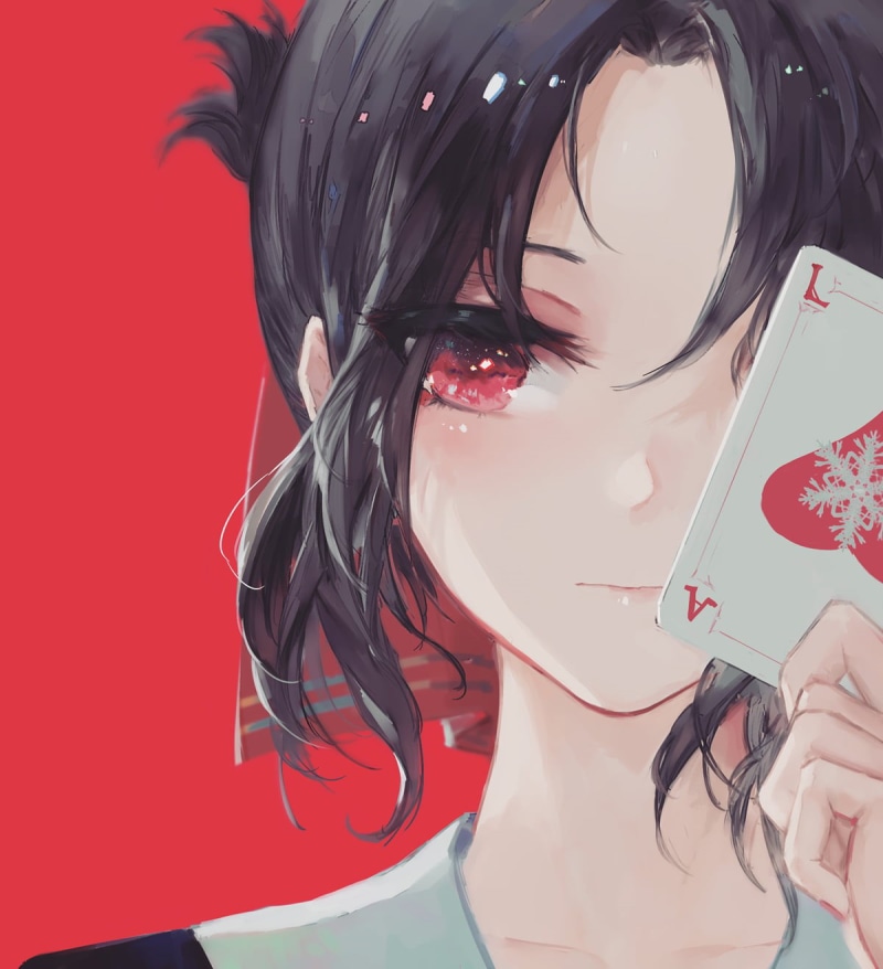 simple background, red ribbon, fan art, doodle, 720P, red eyes, Kaguya-Sama: Love is War, Kaguya Shinomiya, playing cards, black hair, 2D, long hair, looking at viewer