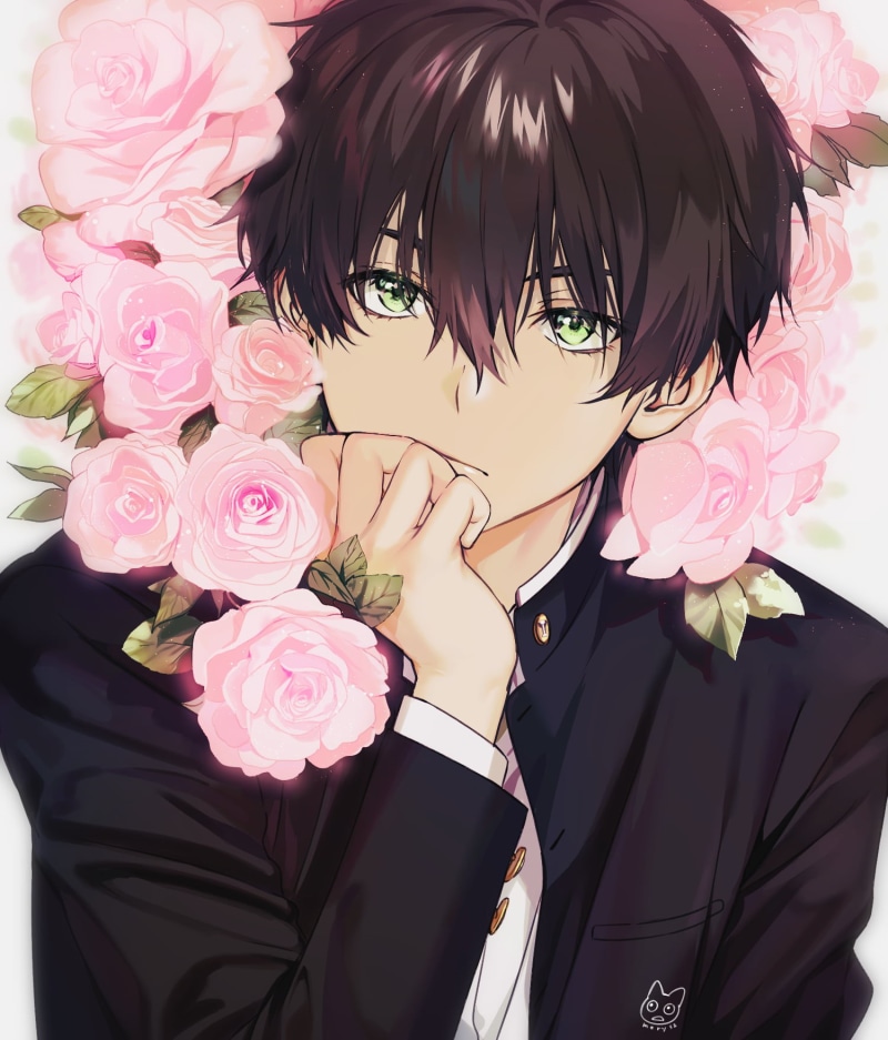 2D, 720P, Hyouka, looking at viewer, green eyes, pink roses, Oreki Houtarou, fan art, brunette, anime girls, short hair, anime boys