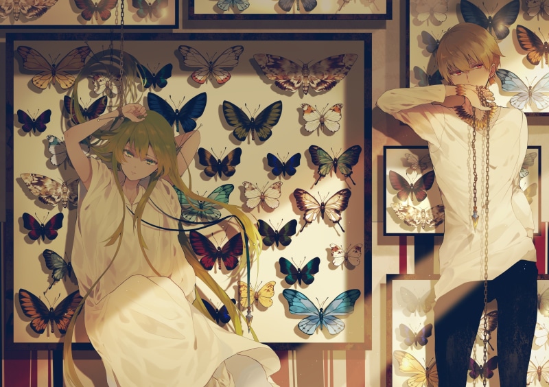 looking at viewer, picture frames, blond hair, anime boys, Fate/Grand Order, 4K, green hair, 2D, fan art, Gilgamesh, green eyes, Fate Series, long hair