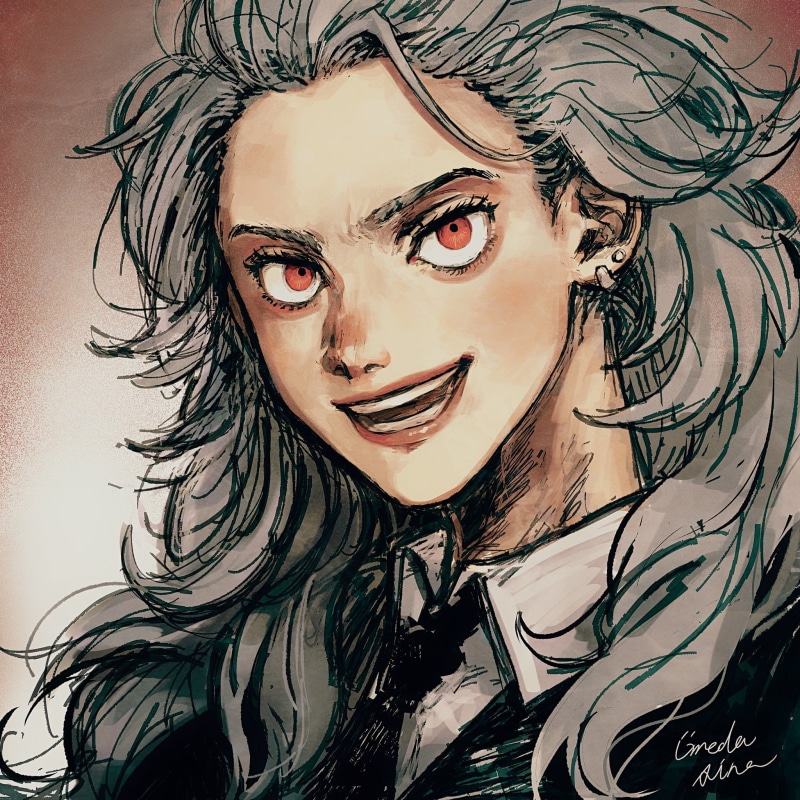 anime, messy hair, smiling, open mouth, fan art, grey hair, black suit, Dorohedoro, gradient, 1080P, pink lipstick, piercing, looking at viewer, 2D, manga sketch