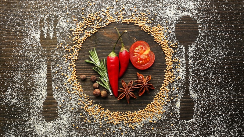 wellbeing, composition, 1080P, still life, vegetables, tomato, rosemary, directly above, nature, pepper, spice, chili, ingredient, no people, wooden, fruit