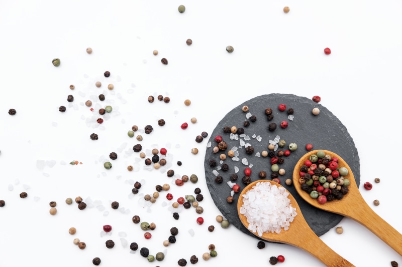 wellbeing, kitchen utensil, table, ingredients, directly above, still life, studio shot, freshness, cook, large group of objects, spices, salt, pepper