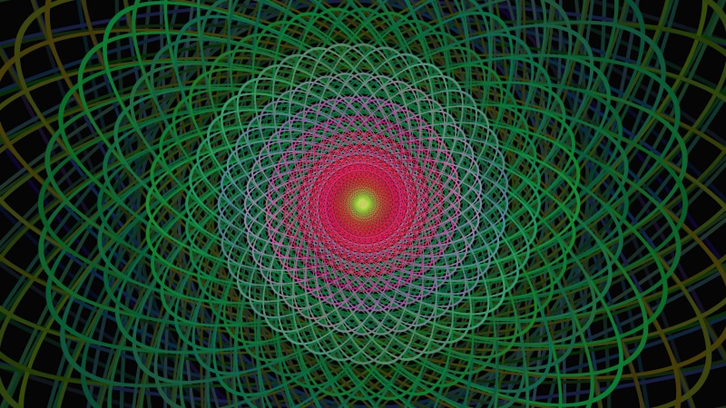 full frame, illuminated, psychedelic art, indoors, design, green color, night, spiral, colorful, concentric, art and craft, circle, glowing, backgrounds