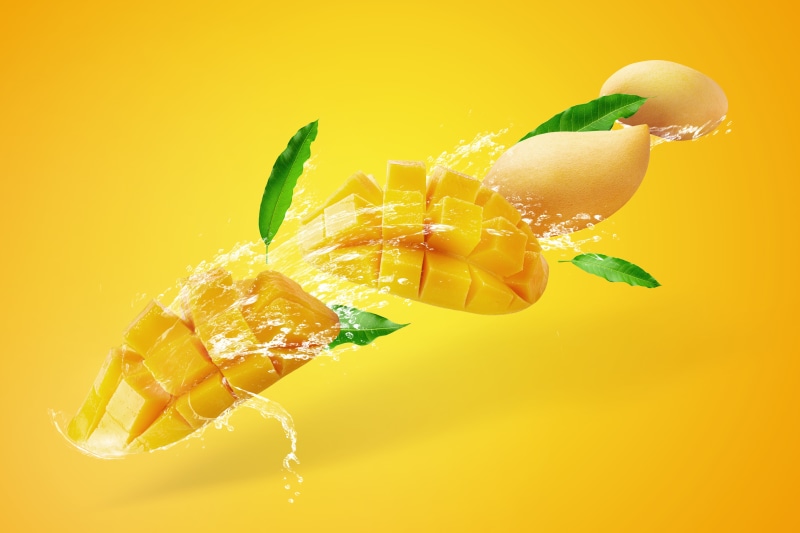 squirt, fruit, leaves, yellow, splash, water, 5K, mango, background