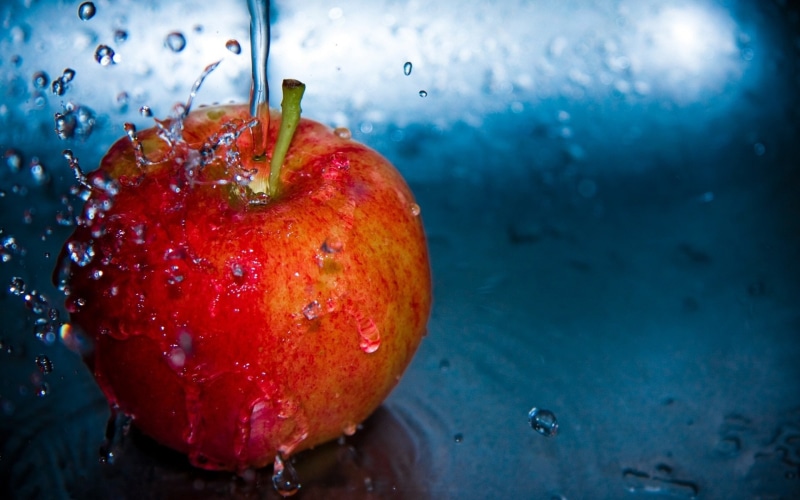 Apple, fruit, Drops, Splash, Water, 1080P, Red