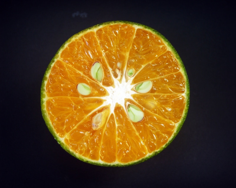 slice, no people, sliced, black background, single object, studio shot, geometric shape, indoors, freshness, macro, focus, orange - fruit, seeds, half