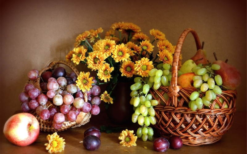 Green, Grapes, 1080P, Fruits, Pears, Chrysanthemum, Apple, Red, Still, assorted, Life