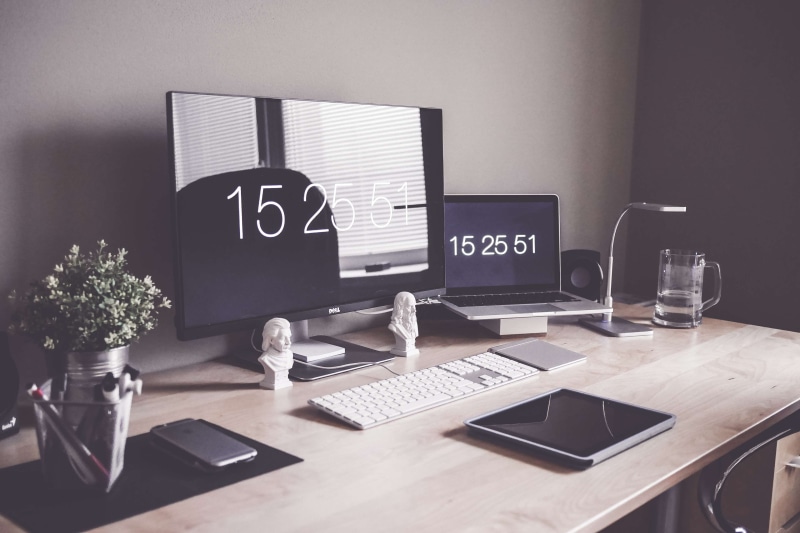artificial flowers, flowers, window, technology, computer equipment, office, apple devices, keyboard, ipad, macbook, table, 4K, no people, connection