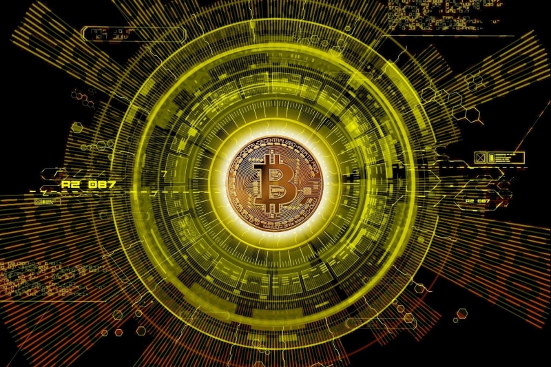 low angle view, outdoors, night, lighting equipment, digital composite, circle, pattern, Bitcoin, shape, building exterior, Coin, light - natural phenomenon