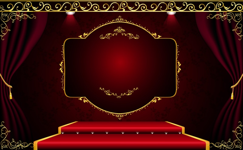 luxury, shiny, velvet, interior design, 2K, technology, no people, curtain, bad design, gold colored, pattern, red, plan, stage, indoors, empty, front view