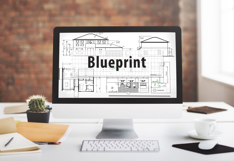 no people, idea, connection, western script, office, 4K, plant, blueprint, architecture, text, engineer, cup, potted plant, computer, furniture, desk
