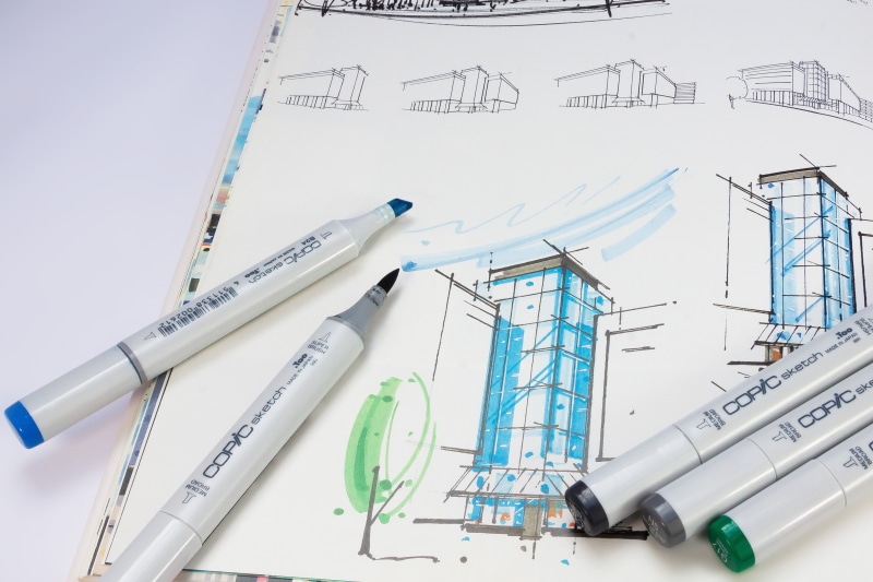sketch, industry, marker, colored, construction site, construction Industry, blueprint, copic, building exterior, colorful, color, architect, writing implement