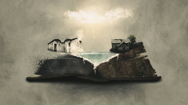 nature, books, water, sky, exposure, 1080P, photograph, drawing, built structure, textured, house, building, cloud - sky, double, low angle view, reflection