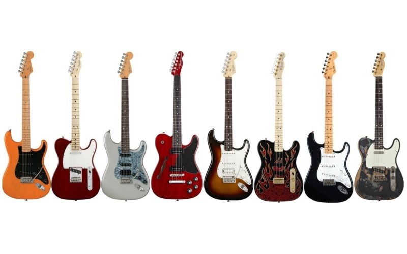 music, musical equipment, string instrument, white background, Fender, no people, variation, cut out, 1080P, electric guitar, string, side by side, close-up