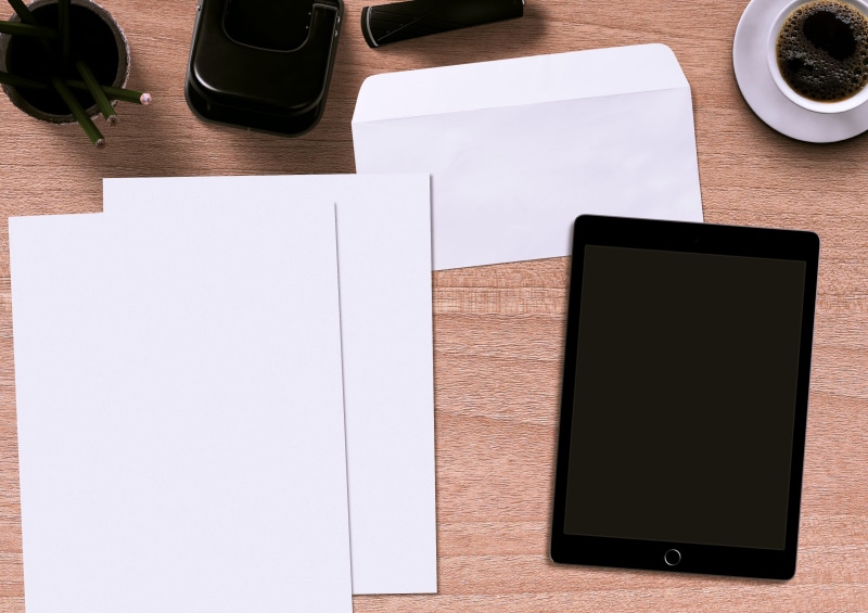 letters, coffee - drink, desk, mailing, high angle view, digital tablet, marketing, blank, business, social, drink, stapler, network, coffee cup, table