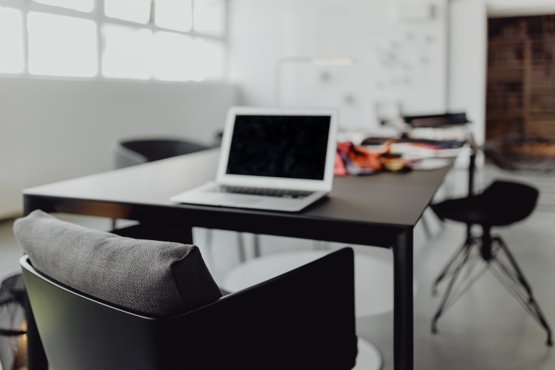 black table, seat, place of work, interior, work, table, workspace, designer, concept, chair, studio, laptop, office, business, home office, indoors, desk