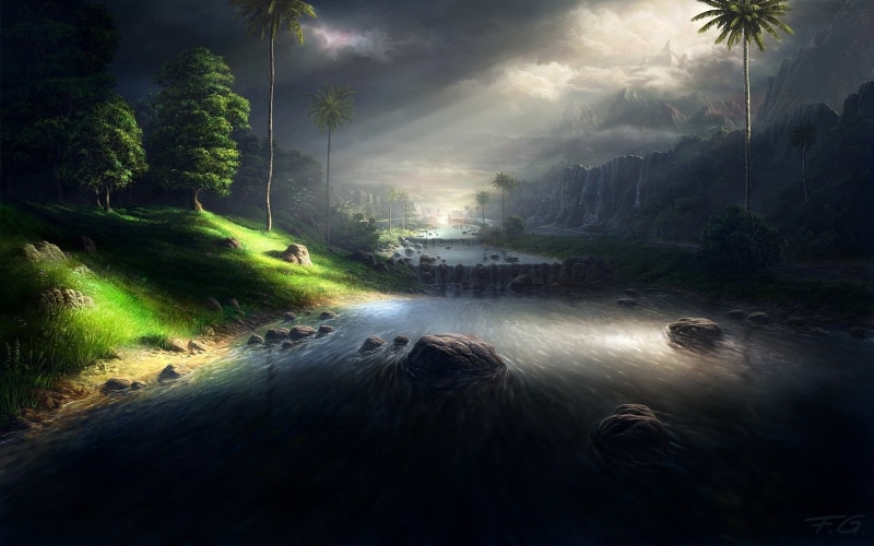 mist, dawn, reflection, mountain, green Color, river, fantasy, 1080P, long exposure, mystery, sunlight, fog, flowing water, aspiration, painting, motion