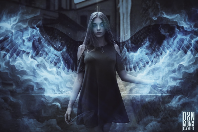 one person, 1080P, beautiful woman, dark, spirituality, young women, hairstyle, woman, contemplation, looking at camera, smoke - physical structure, winged