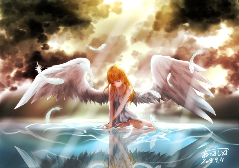 feathers, sky, light, 1080P, anime, clouds, art, ange, reflection, winged, angel, character, female, water, wings, animated, girl