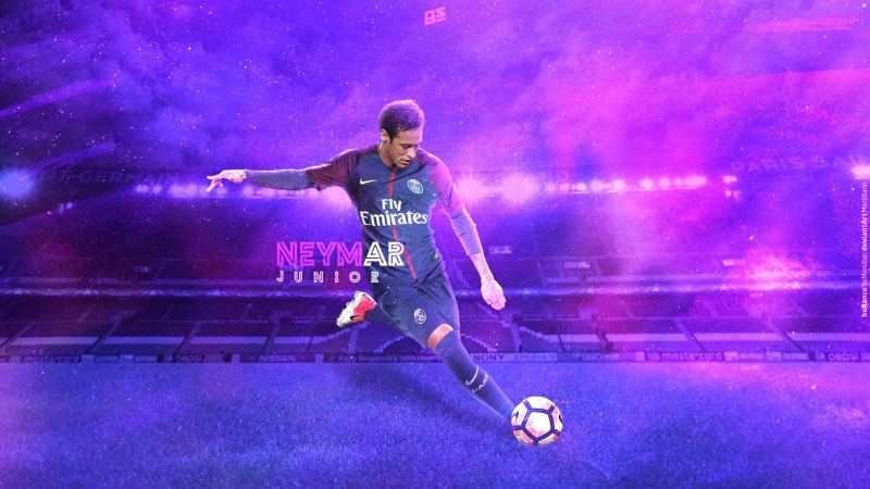 arms outstretched, soccer, Paris Saint-Germain, one person, Neymar JR., fly, outdoors, purple, junior, motion, emirates, night, casual clothing