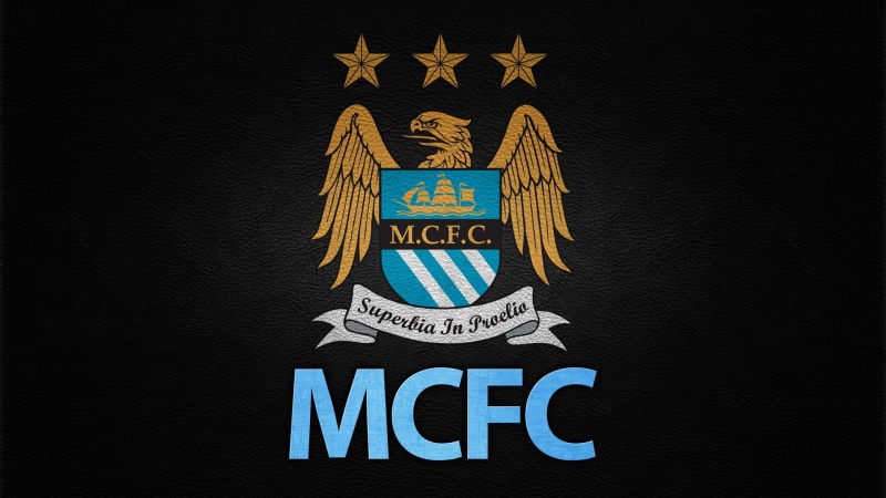 politics, text, insignia, Manchester City , soccer clubs, art and craft, business, blue, mcfc, close-up, black background, western script, logo, soccer