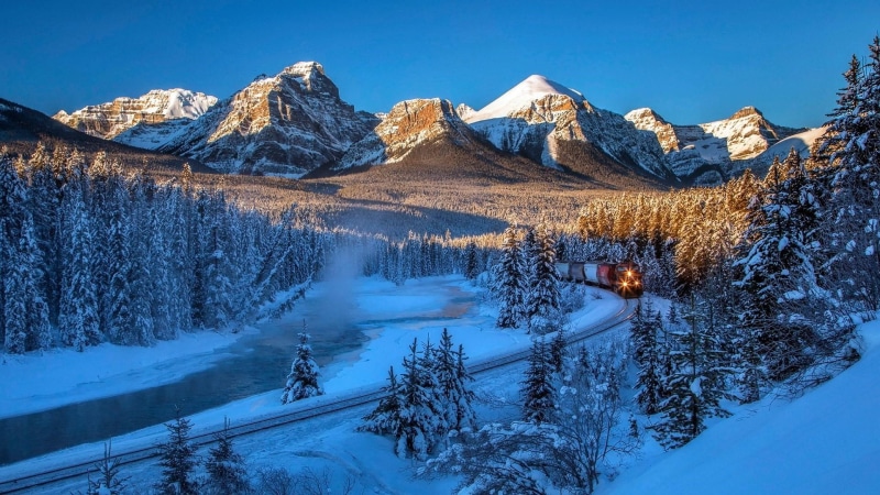 train, national park, 1080P, winter, bow river, alberta, mountainous landforms, nature, mount scenery, canada, massif, tree, rails, mountain, banff national park