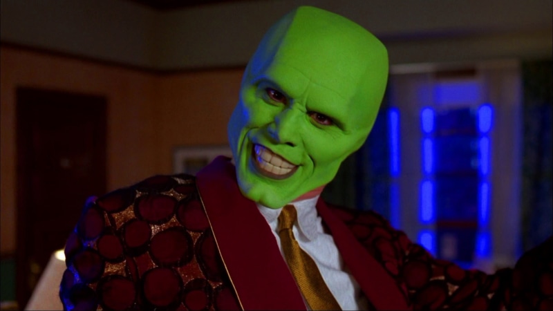 mask, front view, nightlife, fun, 1080P, mouth open, movies, looking at camera, one person, focus on foreground, indoors, jim, portrait, Jim Carrey, The Mask
