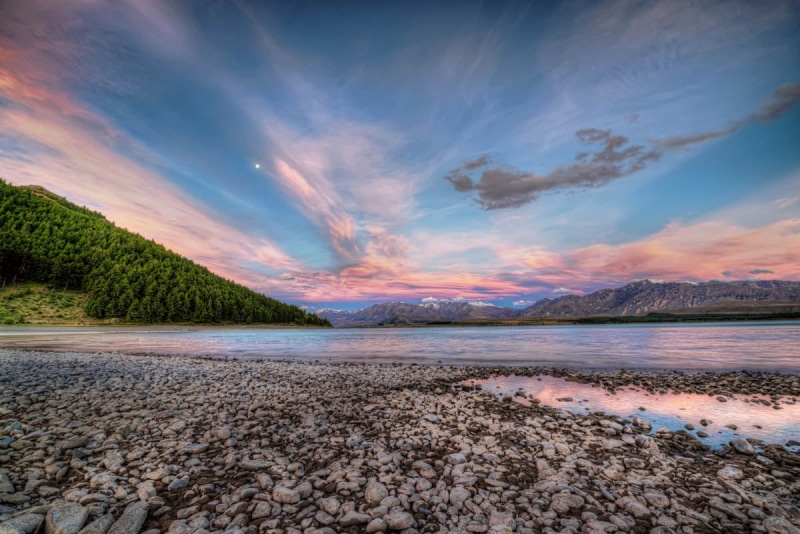 seashore, High Dynamic Range, tekapo, Stones, Jacob, Landscape, pixels, lake, mountain, Country  Time, Light, Pink, green pine, Fine Art Photography, Warm