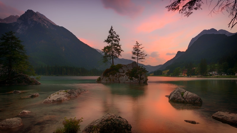 tranquil Scene, mountain range, surrounded, tree, no people, lake, rock, pine tree, land, photography, scenics, beauty In Nature, dusk, island, near, formation