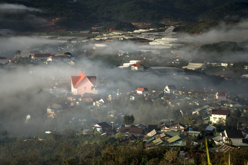 the structure is built, asia, high angle view, green, blue, village, sunrise, vietnam, 8K, crowded, tree, the church, forest, outdoors, built structure