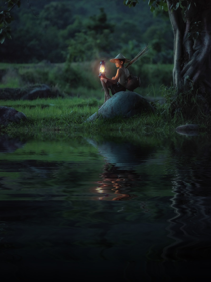 the lamps, lamp, morning, near, holding, pretty, kerosene, evening, sunset, geography, leisure activity, cloud, yellow, bright, view, adult, boy, tree