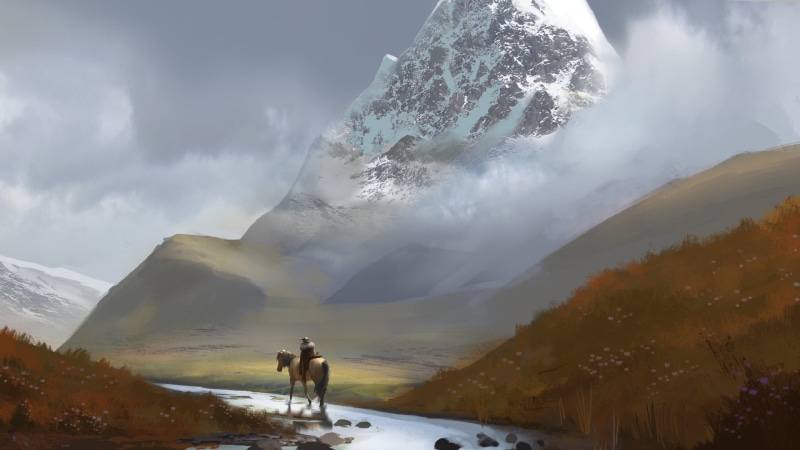 artwork, field, digital art, hills, landscape, snowy peak, men, mountains, 1080P, horse, river