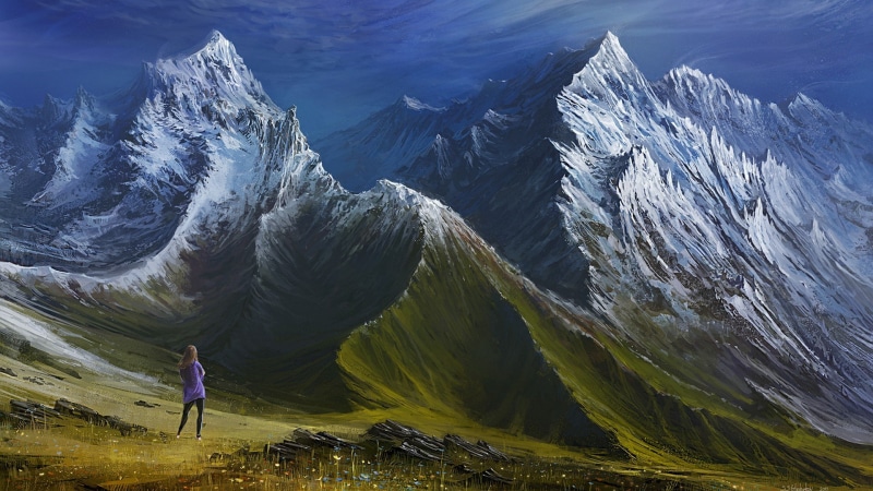 clouds, valley, mountains, grass, hills, nature, digital art, 1080P, artwork, women, snowy peak, landscape, painting