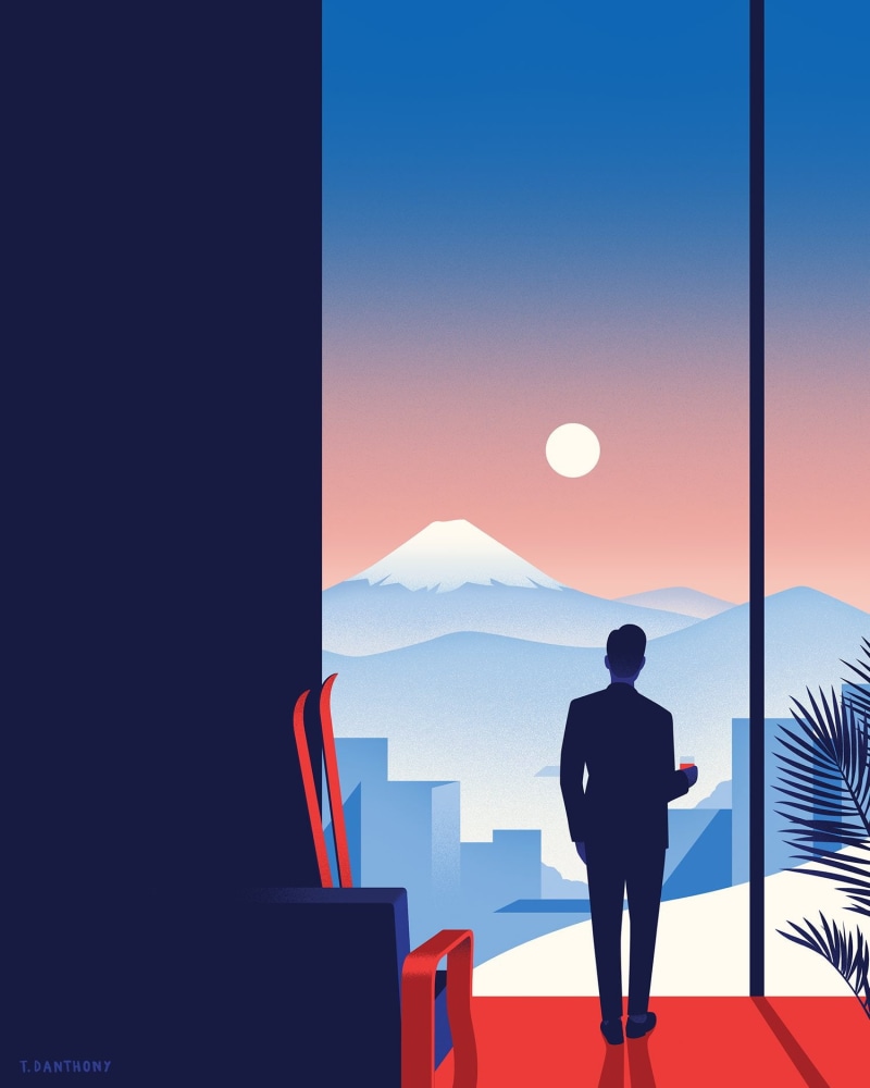 Portrait Display, ski, minimalism, mountains, digital art, Hills, sunset, men, artwork, Snowy Peak, 720P, leaves, Thomas Danthony, Couch, building