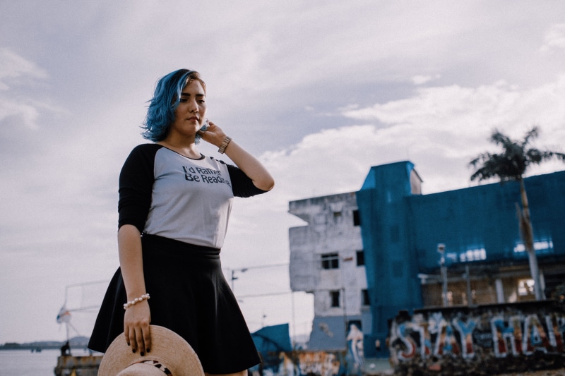 young adult, building exterior, clouds, girl, hair, blue hair, nature, looking, adult, female, white, looking away, outdoors, model, smiling, wear, youth