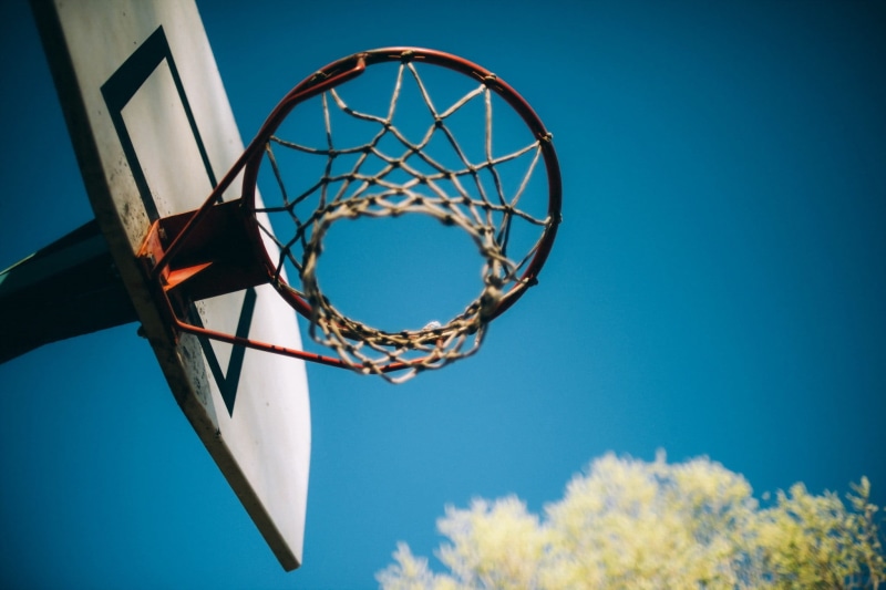 low angle view, leisure games, 1080P, activity, basketball hoop, basketball - sport, blue, day, scoring, motion, sky, clear sky, directly below, nature