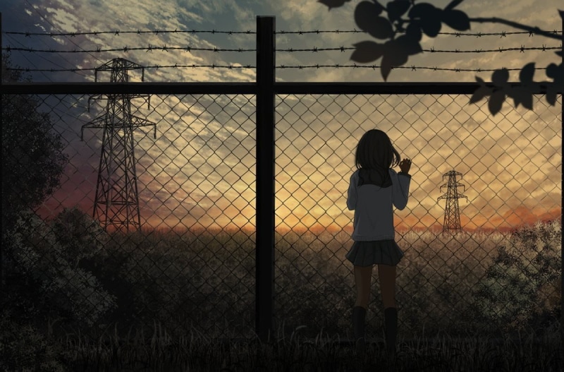 hoop, basketball, chainlink fence, black, nature, rear view, hairstyle, full length, manga, real people, sky, security, three quarter length, women, 480P