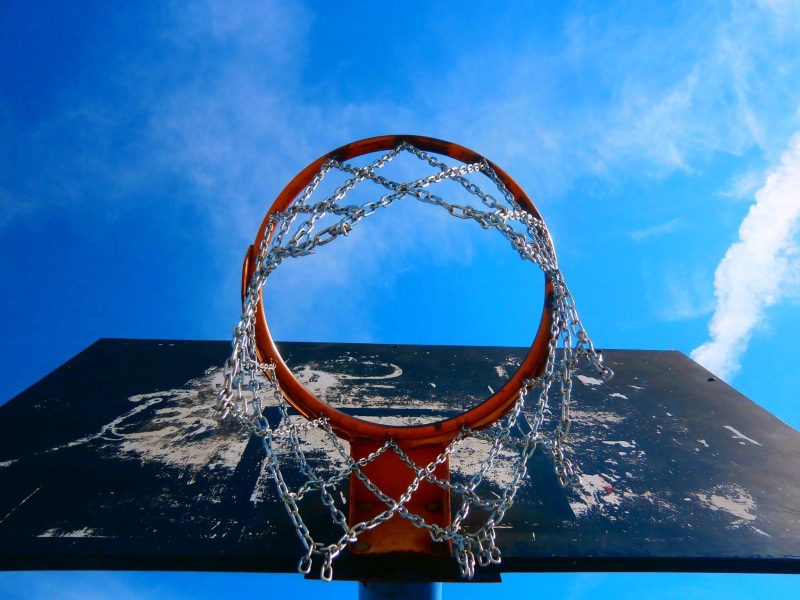 red, mountain, sea, blue, nets, circle, worms eye view, black, basketball, low angle view, basketball hoop, shape, cyan, nature, beauty in nature, chains