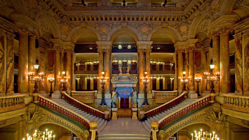 indoors, ladder, travel destinations, building, history, tourism, no people, arch, theatre, stair, Grand Opera, Palais Garnier, night, architectural column