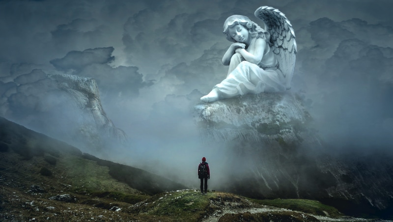 mountains, illustration, rock - object, dark, sky, environment, silhouette, gorgeous, outlook, clouds, fog, men, person, fantastic, atmospheric, vision