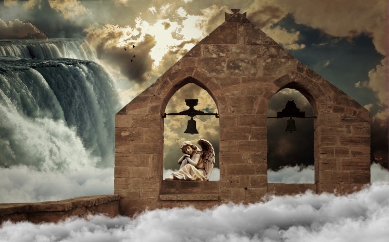 dreamy, representation, place of worship, religion, rest, magical, cloud formation, angel, wing, day, statue, 2K, mystical, atmosphere, little angel, building exterior