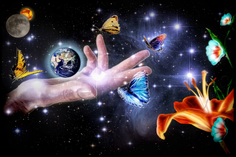 graphic, photo montage, surreal, mystical, harmony, light, flowers, marine, female, fantasy, all, 2K, abstract, world, glass - material, background, universe