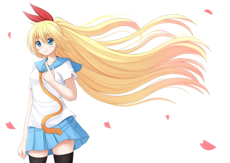 standing, white background, Nisekoi, petals, three quarter length, scarf, school uniform, 720P, long hair, hair, clothing, women, anime, indoors, blond hair