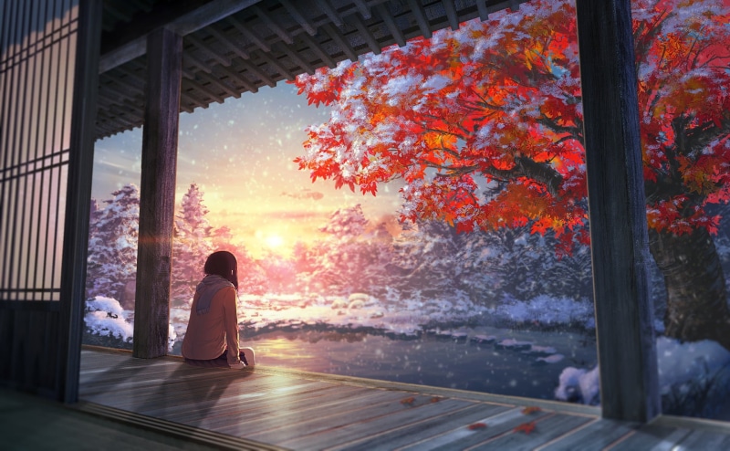anime girls, anime, adult, full length, autumn, beauty in nature, orange color, leisure activity, contemplation, one person, tree, rear view, women, nature