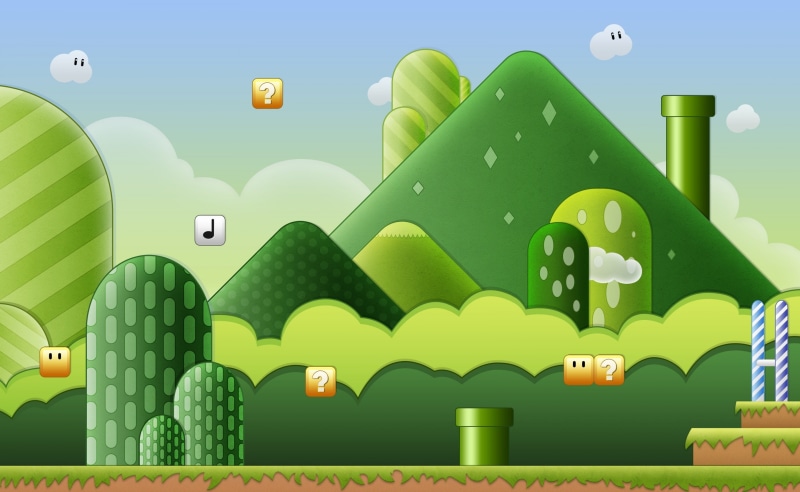 nature, building, super, green color, Mario, no people, multi colored, sky, large group of objects, built structure, outdoors, sunlight, tree
