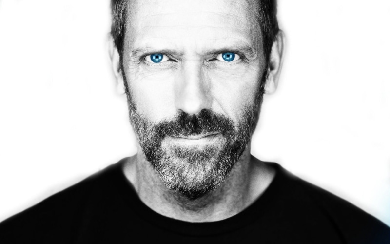 contemplation, Gregory House, facial hair, portrait, man, eyebrow, grayscale, adult, headshot, human face, s, real people, males, serious, close-up, Hugh Laurie